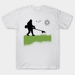 Bigfoot Mowing the Lawn Owner Grass Cutting Funny Sasquatch T-Shirt